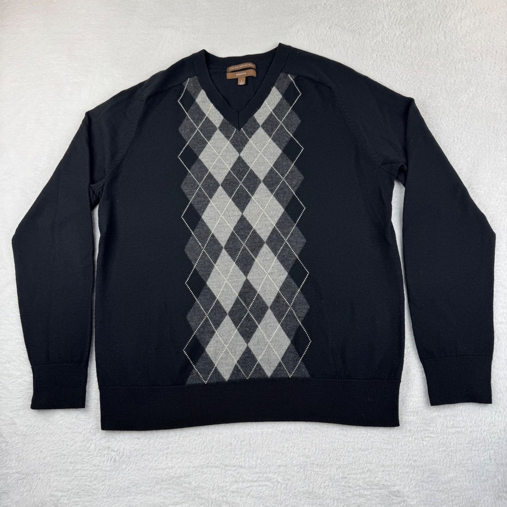 Merona Argyle Sweater Mens Large Black Italian 100% Merino Wool V-Neck Luxury